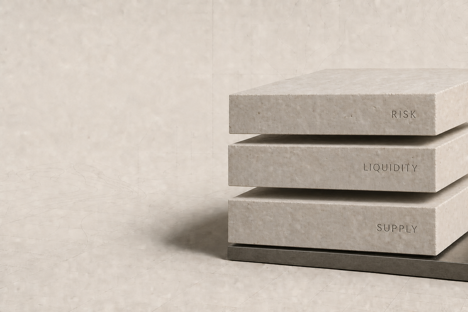 Three engraved limestone slabs representing Risk, Liquidity and Supply